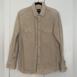 ZARA Distressed Beige/Stone Button-Up Jean Shirt